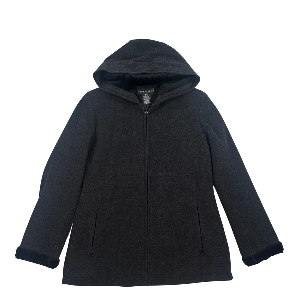 Apostrophe Womens Charcoal Gray Wool Blend Hooded Jacket Faux Fur Trim Small 6-8